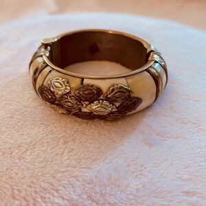 Chunky Vintage Bone & Brass Pin Hinged Bohemian Bracelet